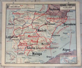 Affiche Carte Scolaire Ancienne Vidal Lablache Espagne Portugal